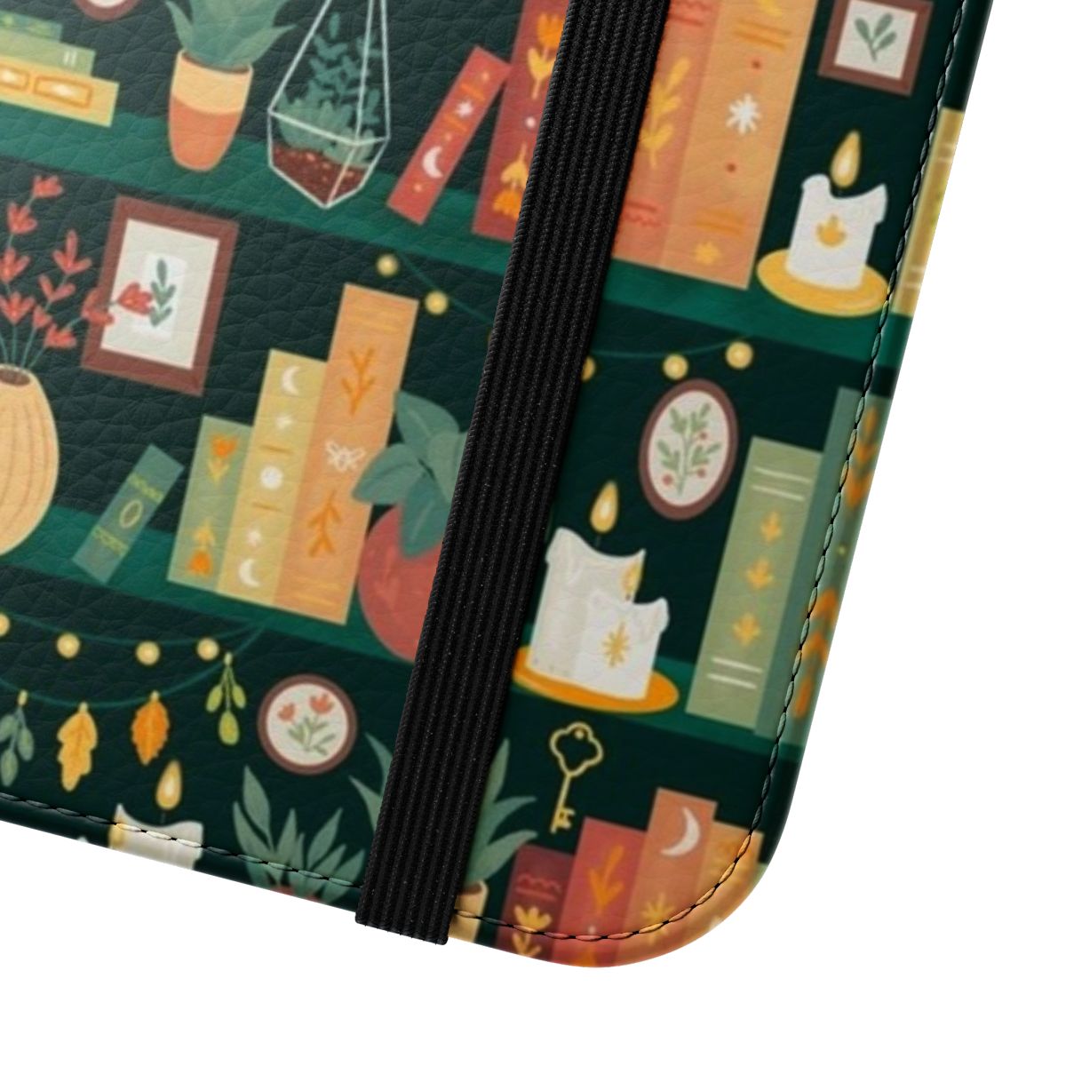 Cozy flip phone case with a nature-inspired book lover design - Close Up