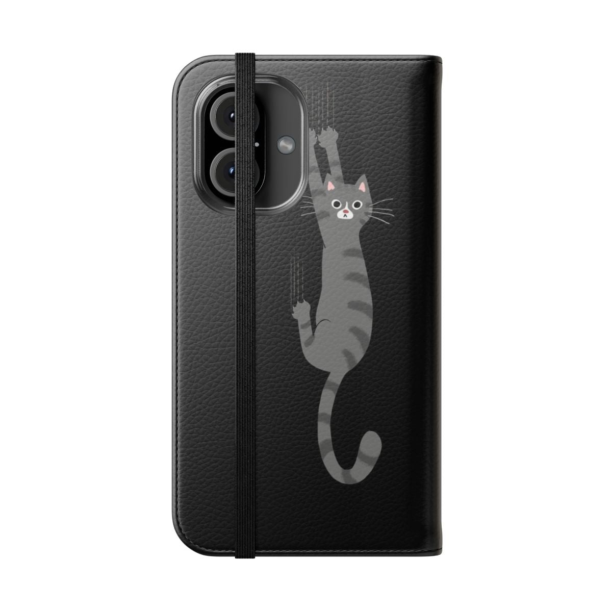 Illustration of a grey striped tabby cat hanging onto a phone case with its claws - Folded Front