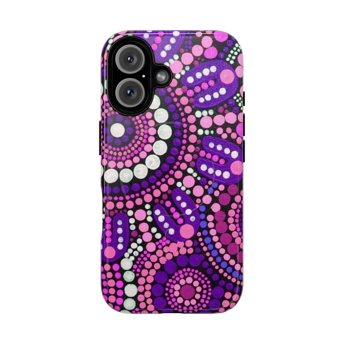 Colorful aboriginal art pattern phone case featuring a pink and white design