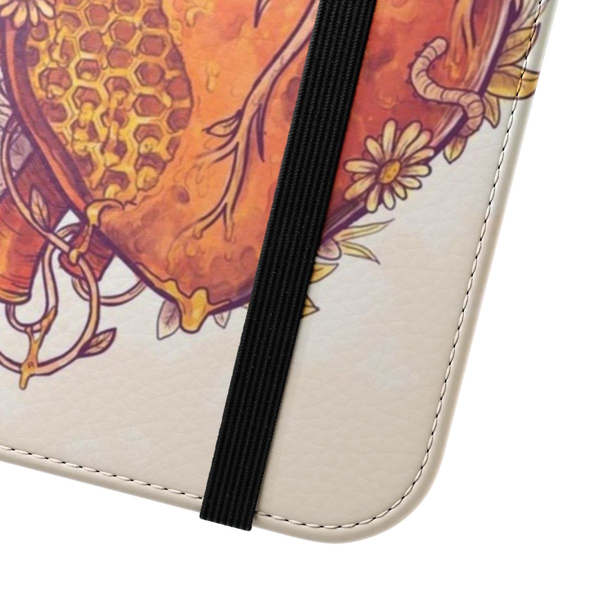 A heart-shaped phone case adorned with delicate floral designs and a touch of whimsy. - Close Up