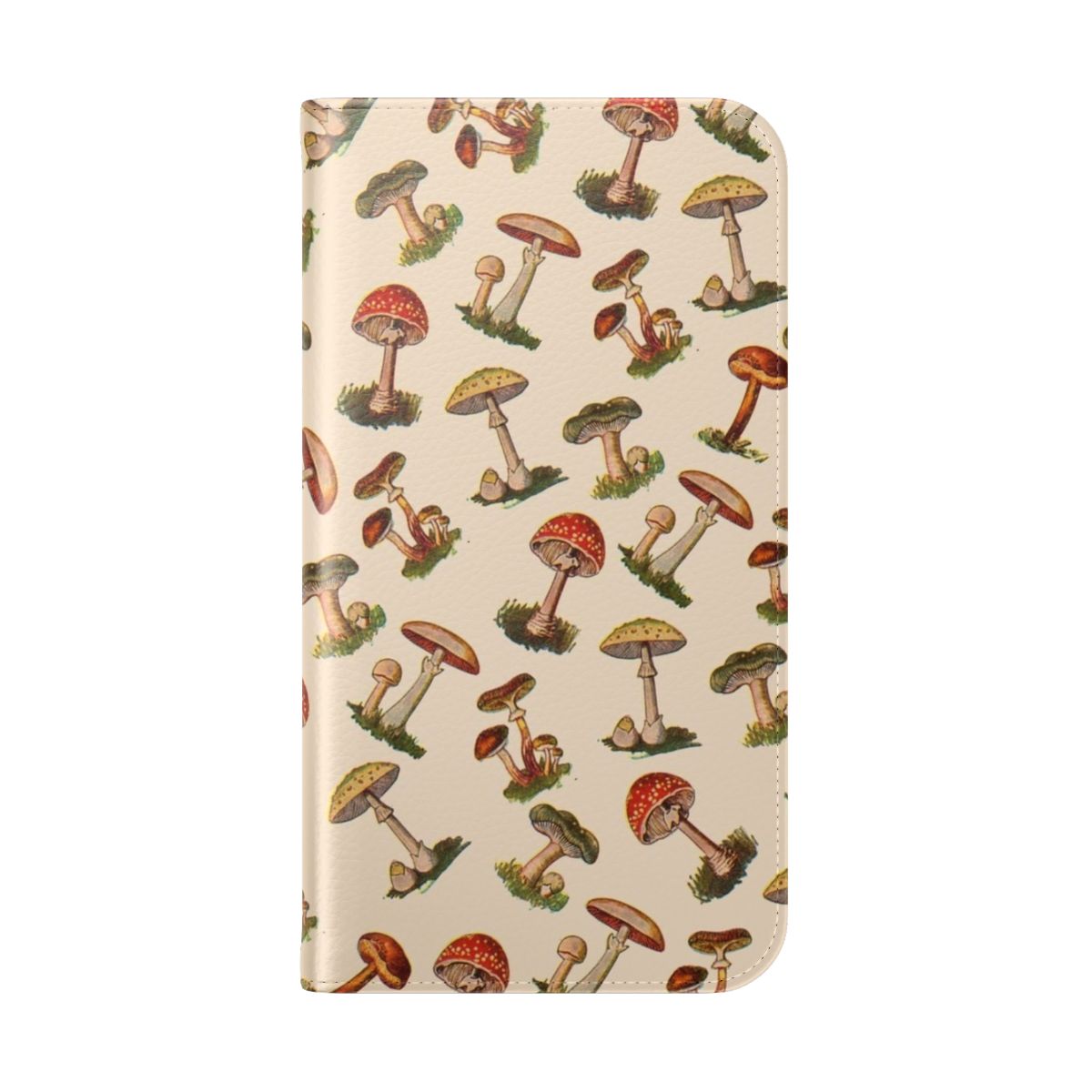 Flip cover phone case featuring a pixelated mushroom design in a nature-inspired scene. - Folded Back