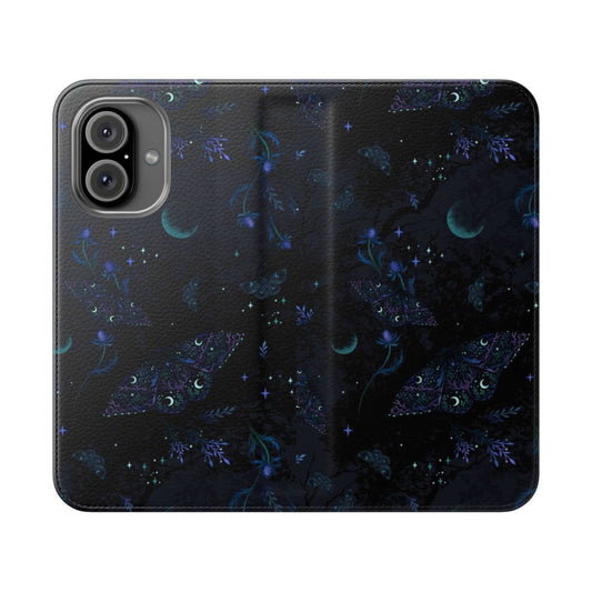 Black witch moth pattern flip cover phone case with floral and insect design