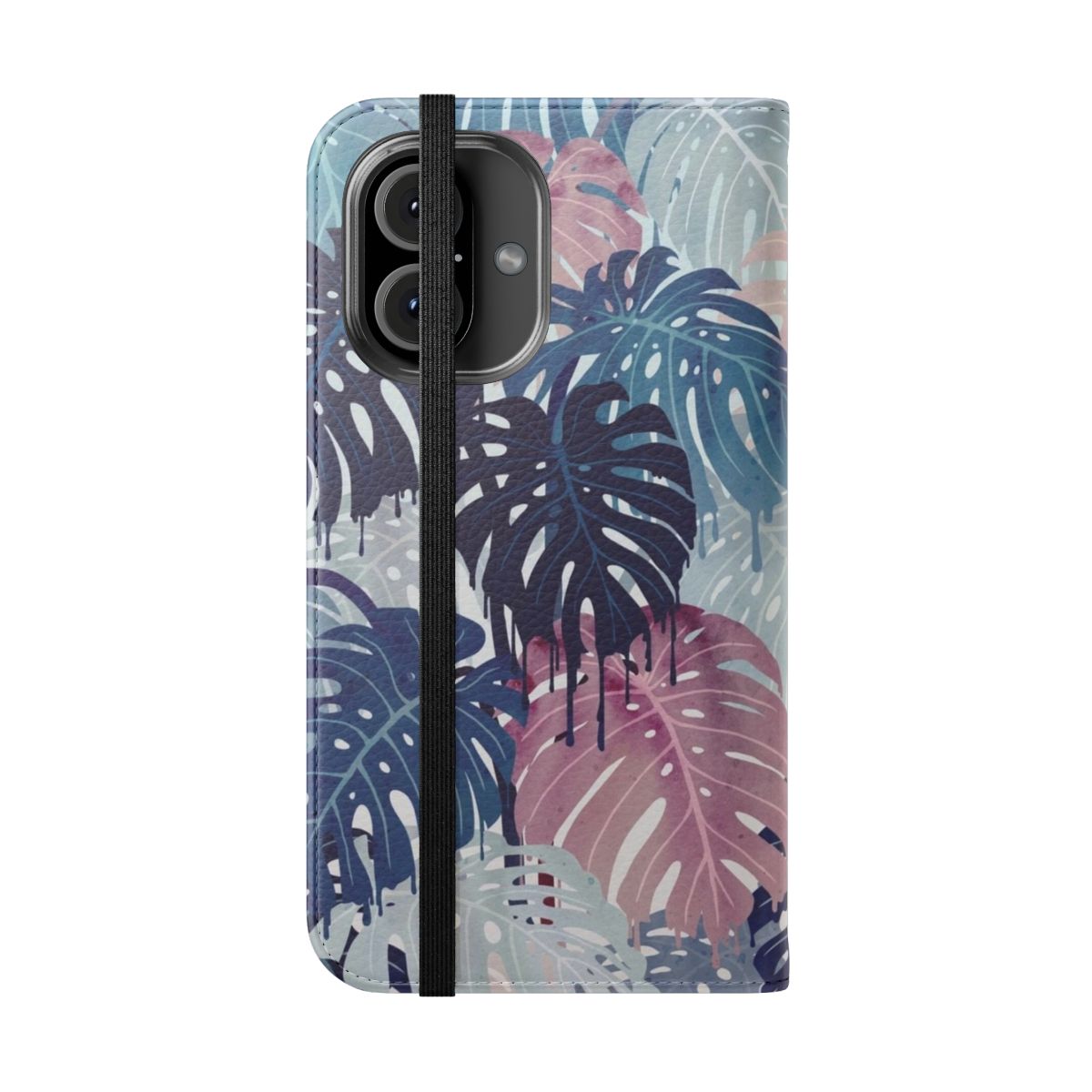 A flip cover phone case featuring a surreal, melted design of tropical monstera leaves in blue and pink. - Folded Front