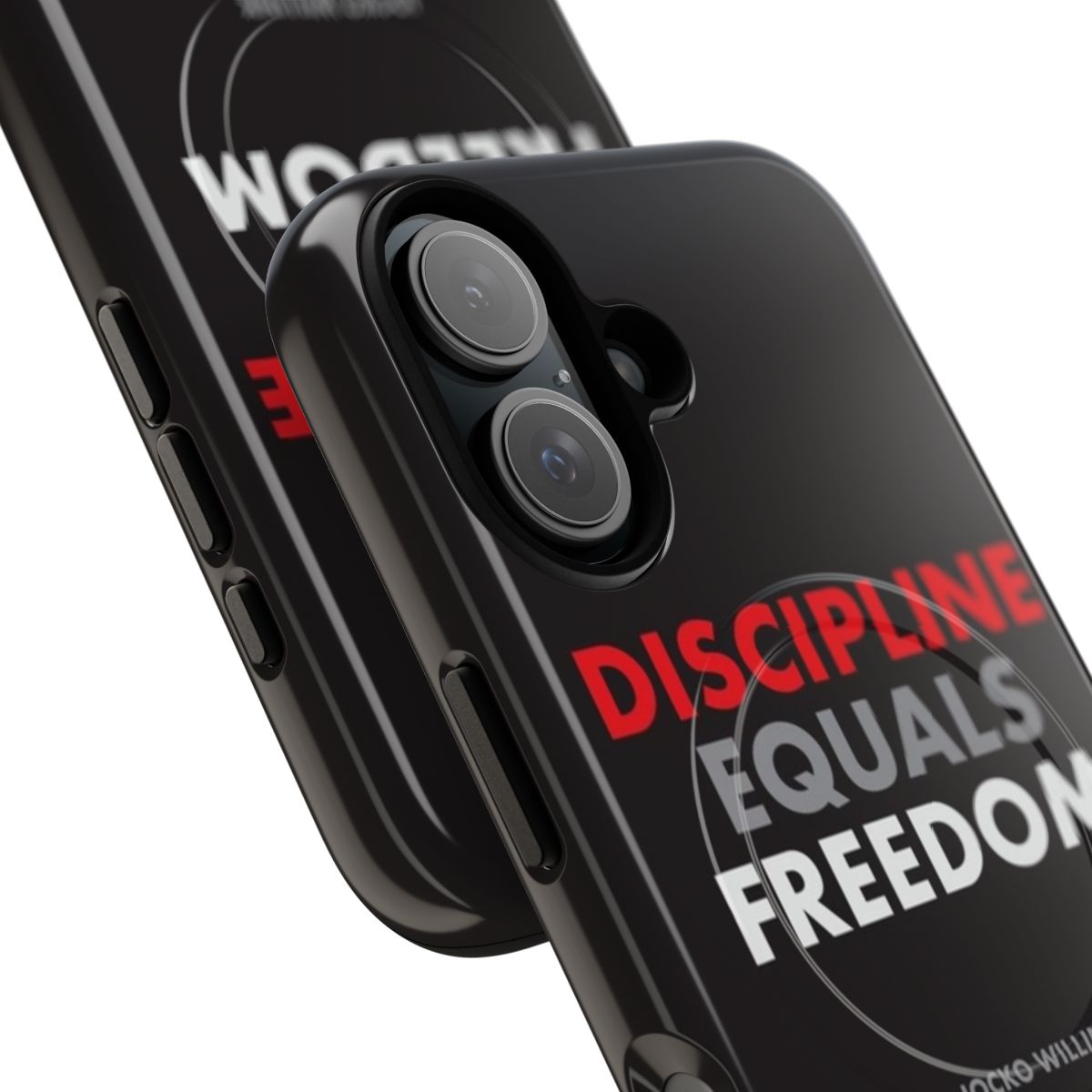 Tough phone case featuring the inspirational quote "Discipline Equals Freedom" by Jocko Willink - Detail