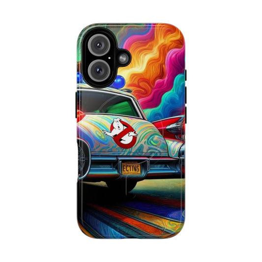 Magnetic tough phone case featuring an oil painting-style illustration of the iconic Ecto-1 car from the Ghostbusters franchise.