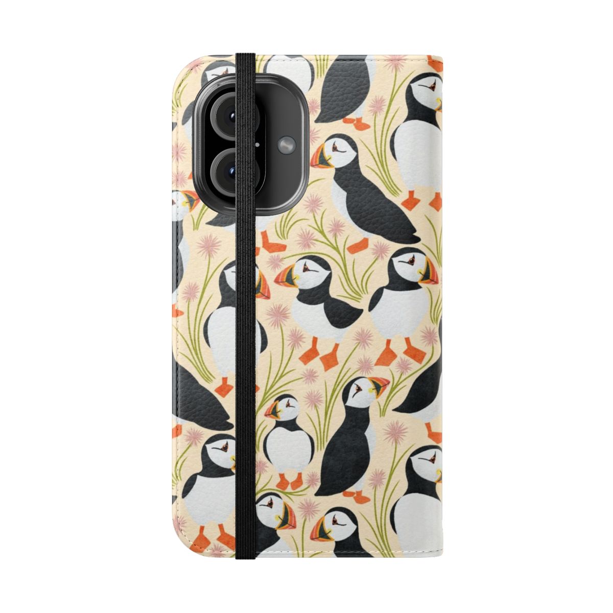 Vibrant floral phone case featuring puffins, coastal scenery, and nature imagery - Folded Front