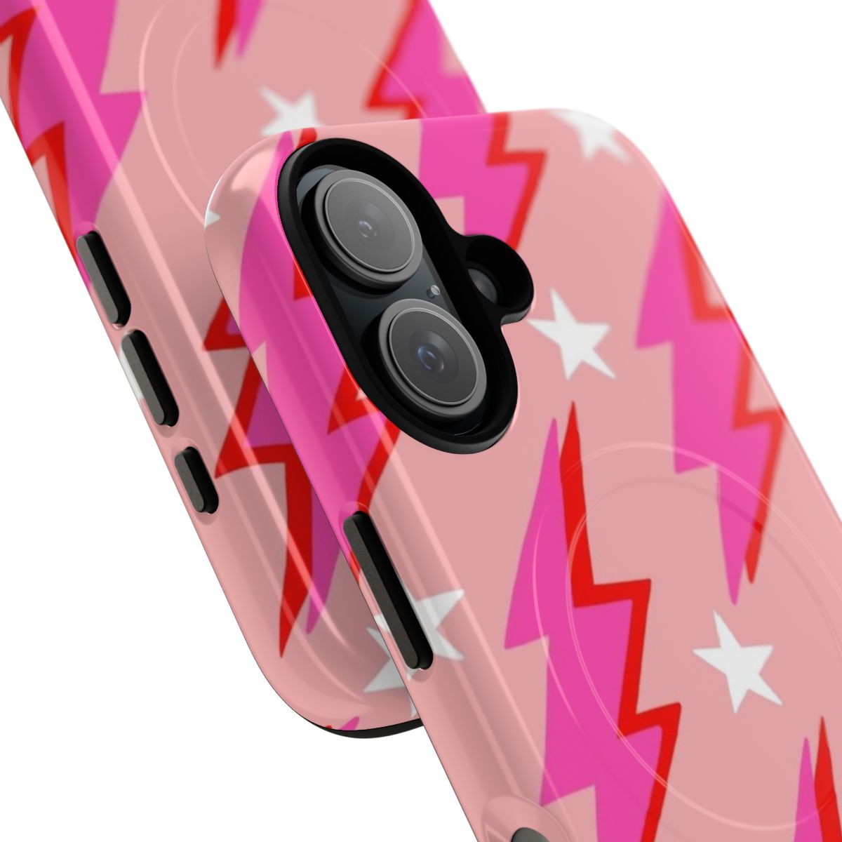 Pink lightning bolt design on a magnetic, tough phone case - Detail