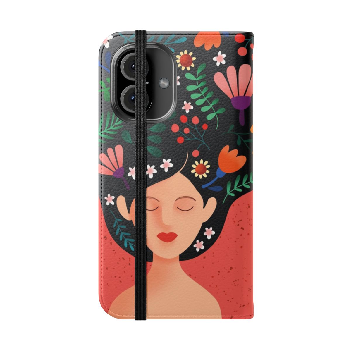 A vibrant and colorful flip cover phone case featuring abstract floral and typography design, promoting mindfulness and self-love. - Folded Front