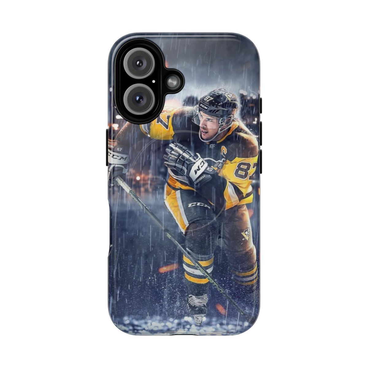 Artistic phone case design featuring an illustration of hockey player Sidney Crosby