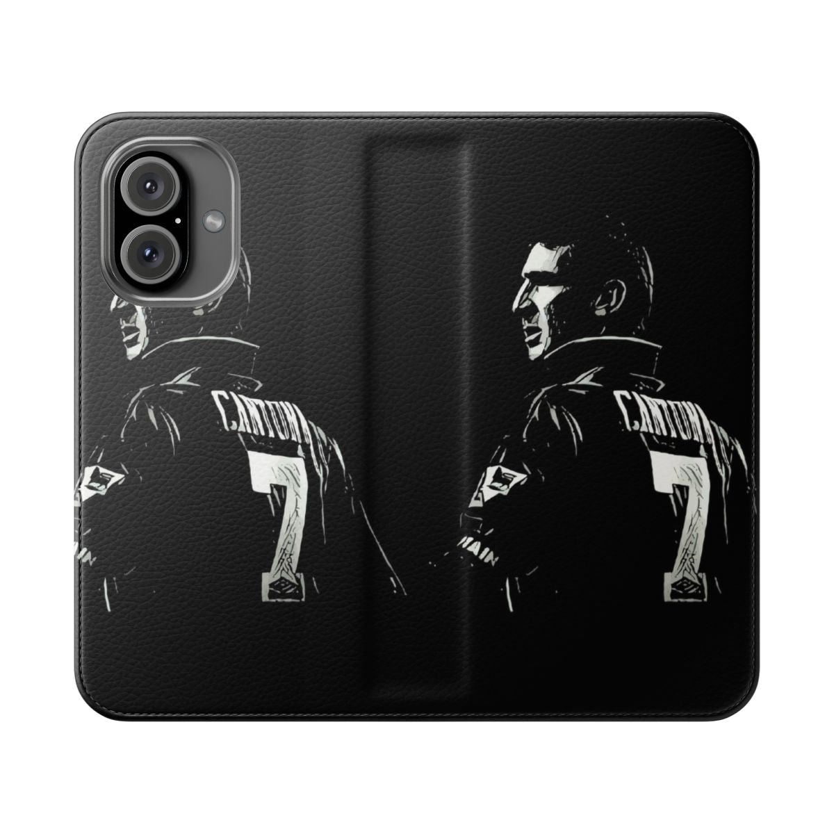 Red flip cover phone case featuring an image of Eric Cantona, the legendary Manchester United footballer