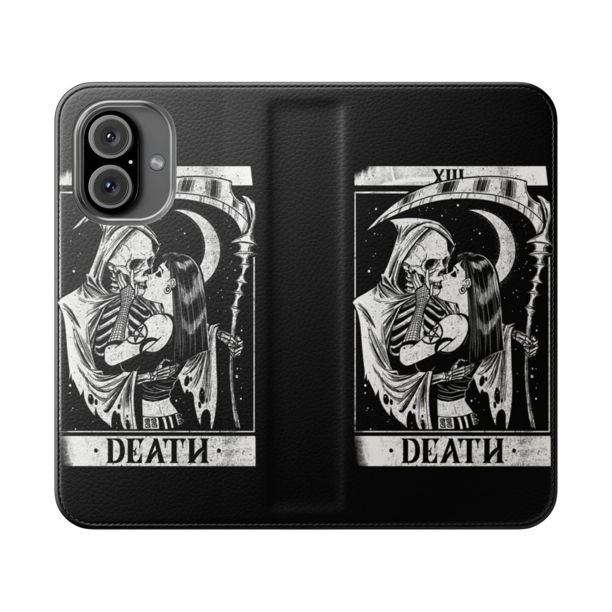 Vintage-style gothic phone case with Grim Reaper tarot card design