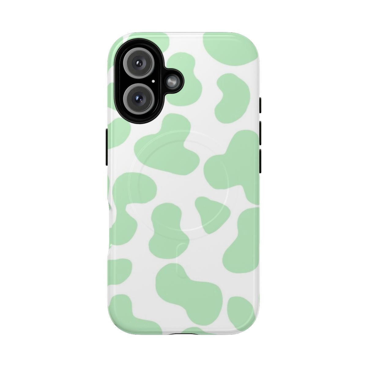 Mint green cow pattern design on a magnetic, durable phone case