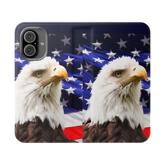 Patriotic flip phone case with bald eagle and American flag design