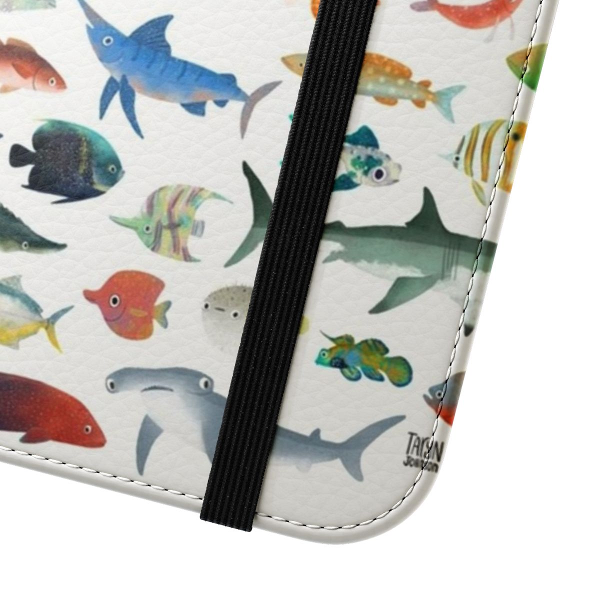 Colorful flip phone case featuring an array of marine creatures like sharks, whales, and fish. - Close Up