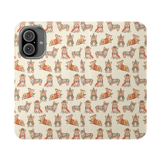 Whimsical medieval fantasy phone case featuring a repeat pattern of adorable corgis in regal attire.