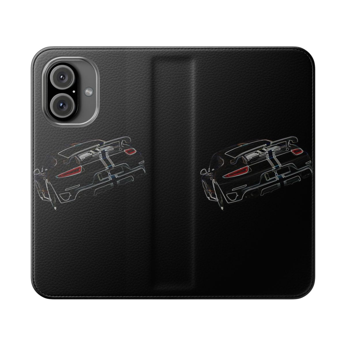 Porsche 911-inspired flip phone case with classic sports car design