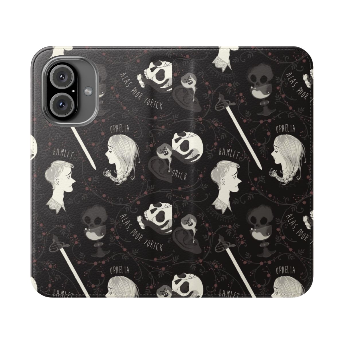 Black and grey flip phone case with Shakespearean Hamlet pattern design