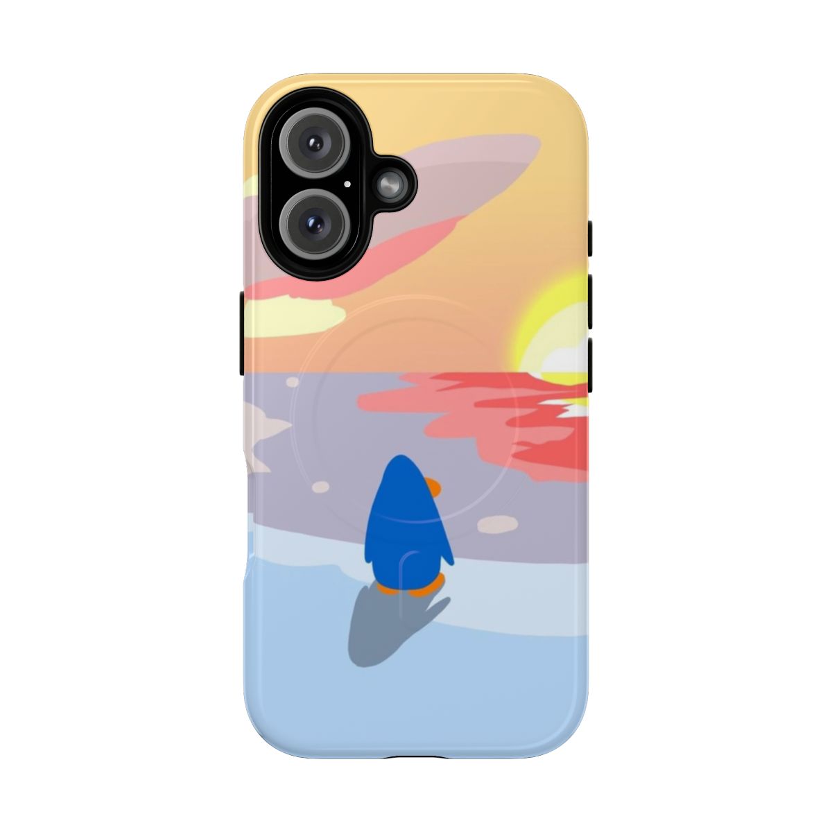 A phone case featuring a sunset painting with penguins