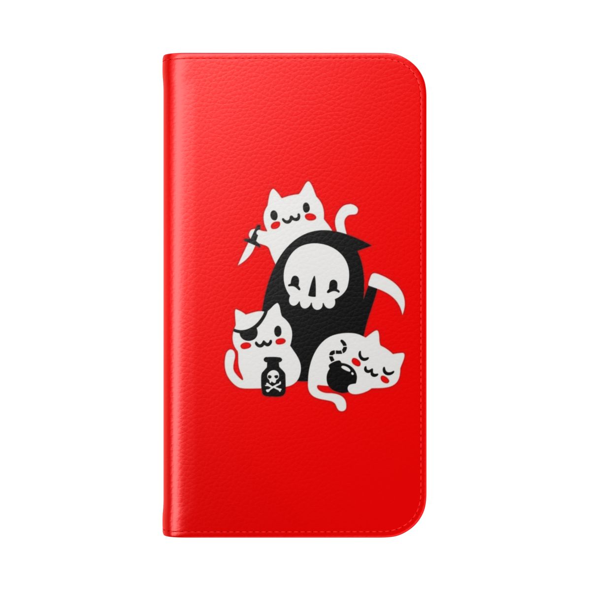 Flip phone case featuring a grim reaper and kitten in a spooky, gothic design - Folded Back