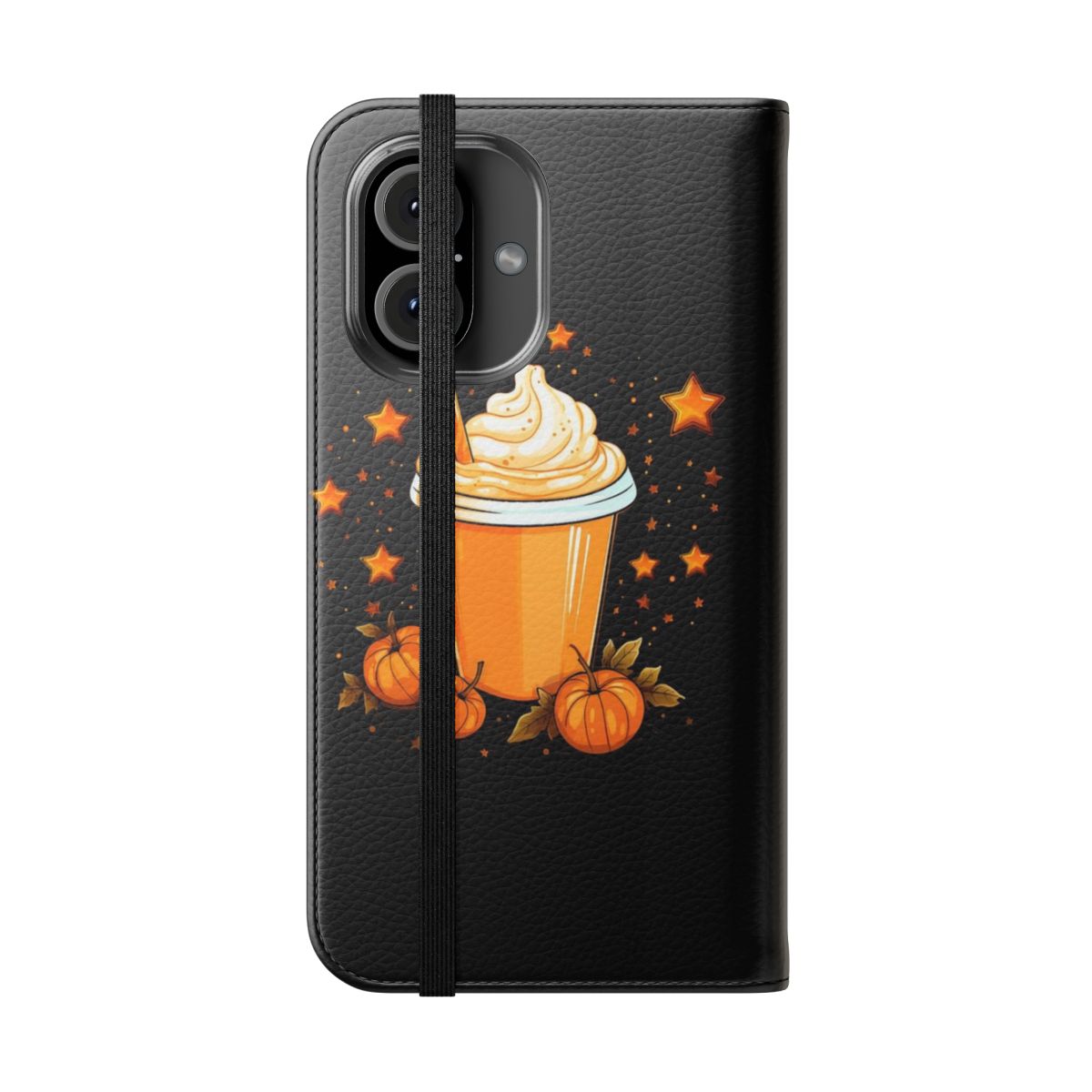 Pumpkin spice-themed flip cover phone case with pumpkin, cinnamon, and fall elements - Folded Front