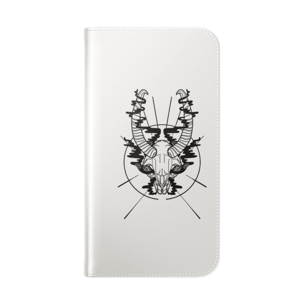 Flip phone case with occult design featuring skull, horns, and dark elements - Folded Back