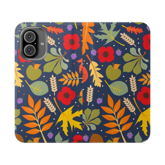 Autumn leaves, flowers, and fruit design on a flip cover phone case