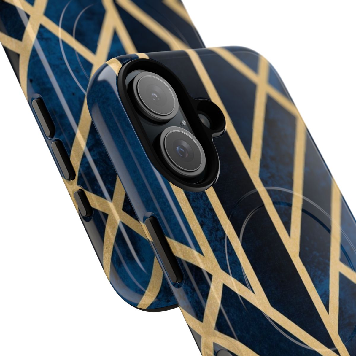 Midnight-themed art deco phone case with geometric patterns in gold and dark blue. - Detail