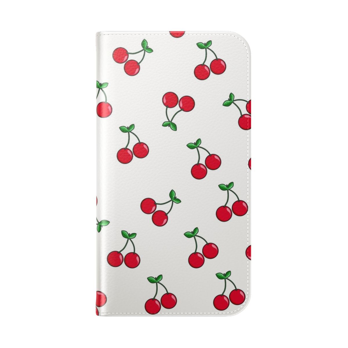 Closeup of a vibrant cherry-patterned phone case with cute emoji icons - Folded Back