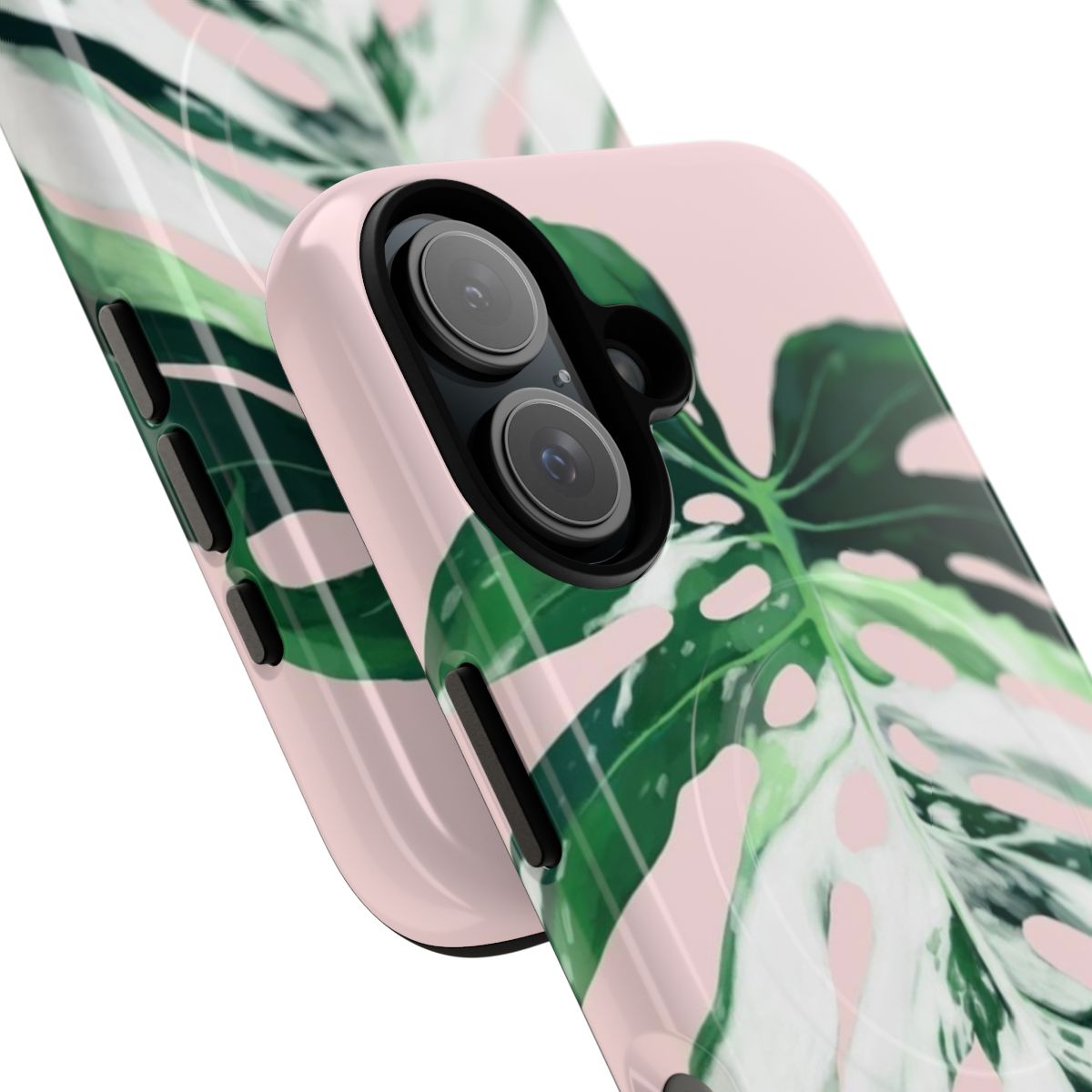 Colorful image of a variegated monstera albo borsigiana plant on a pink phone case - Detail