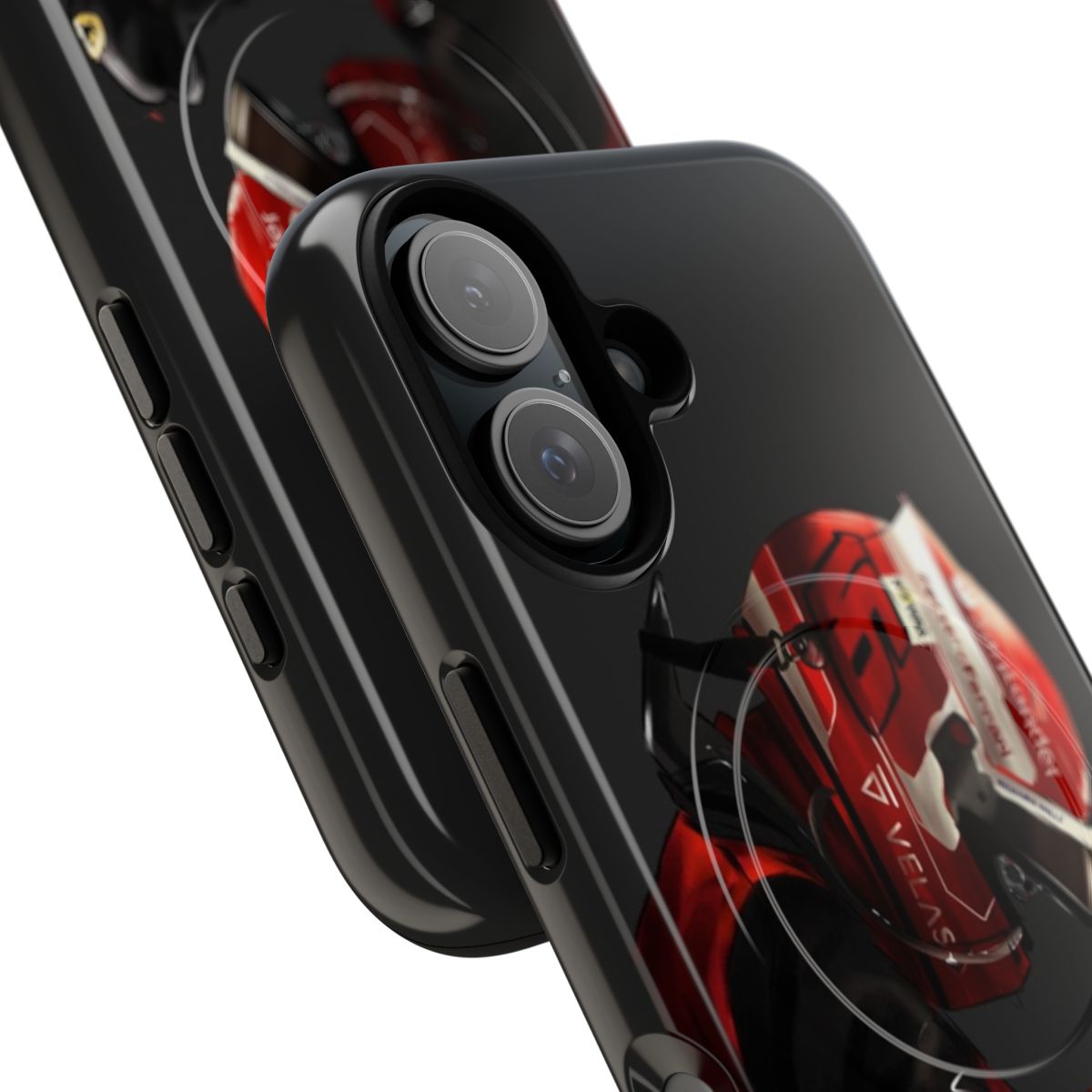 A tough, magnetic phone case featuring an illustration of Formula One driver Charles Leclerc - Detail