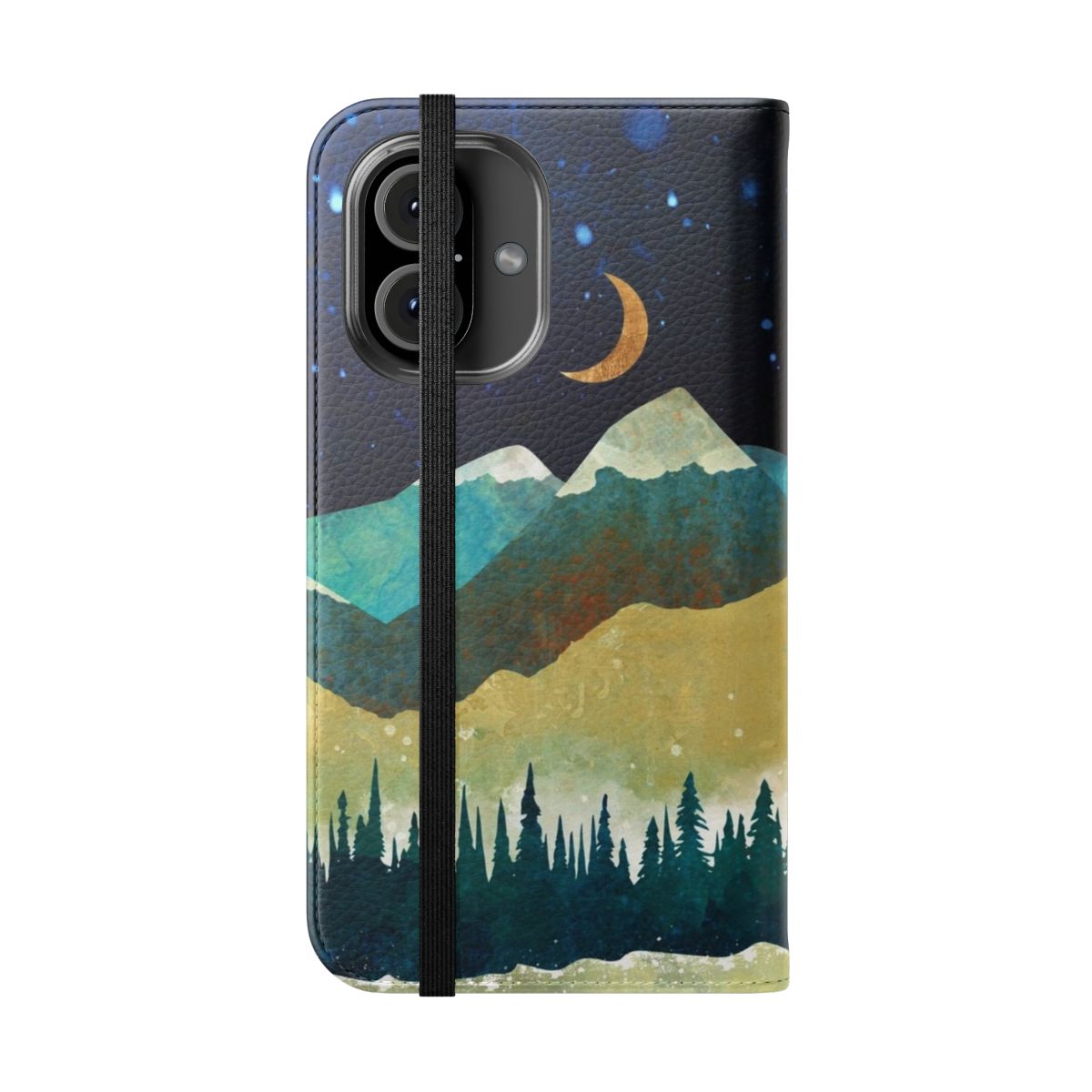 Serene snowy landscape phone case with mountains, trees, and a full moon - Folded Front