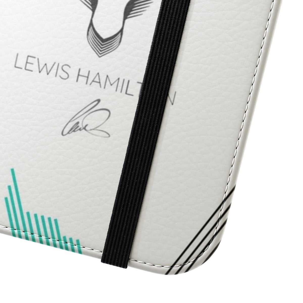 Sleek white flip phone case with a stylish Formula 1 inspired design featuring Lewis Hamilton's iconic #44. - Close Up