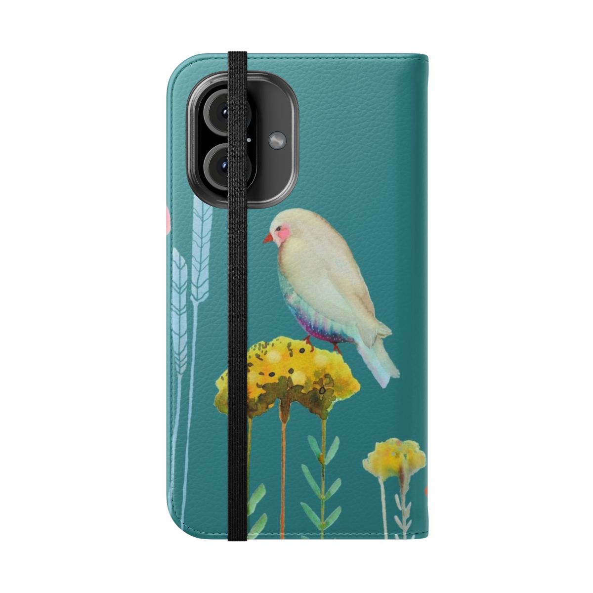 Colorful nature-themed flip cover phone case with bird, flower, and leaf designs - Folded Front