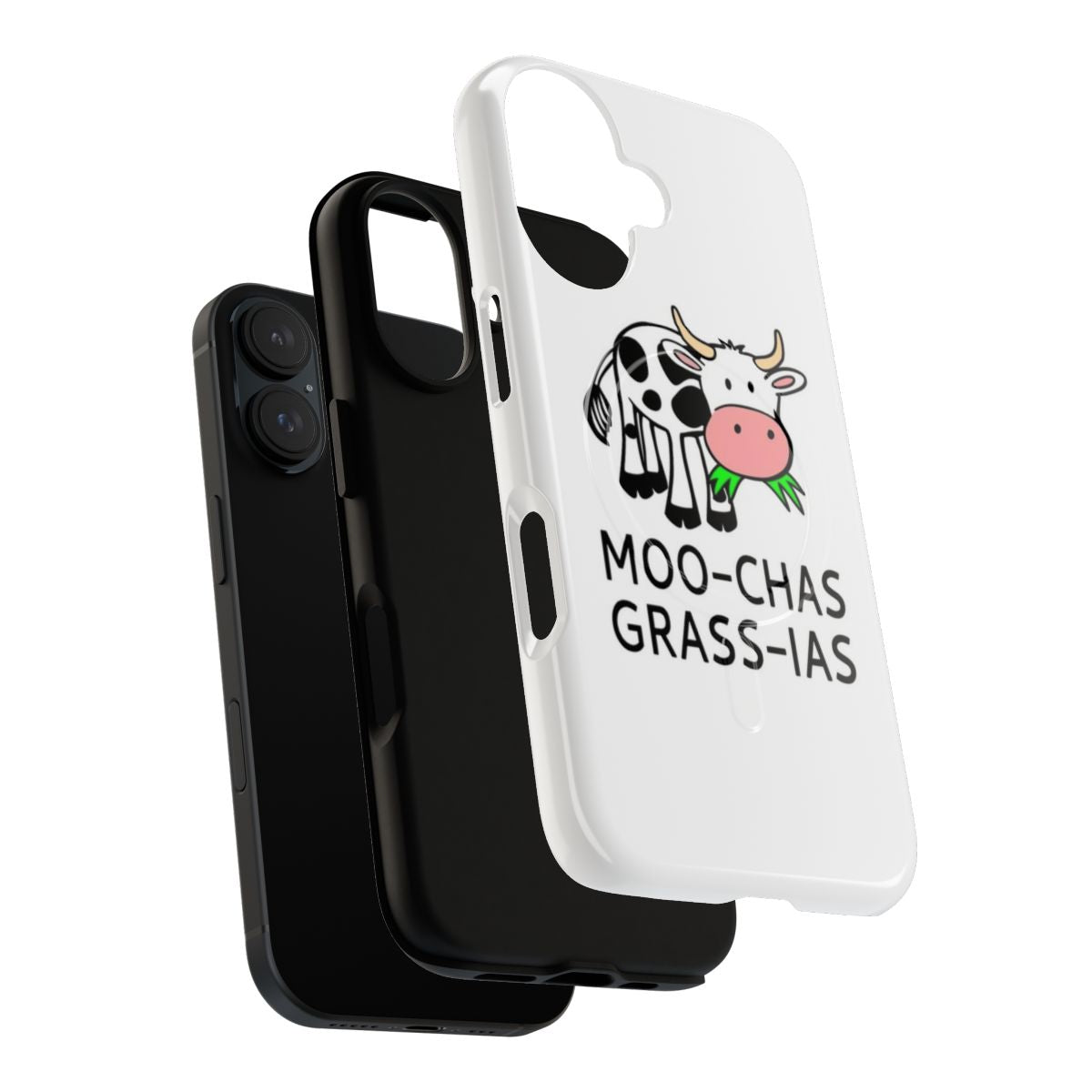 A phone case featuring a cute cartoon cow with the text "Moochas Grassias" in a playful, pun-filled design. - Layers