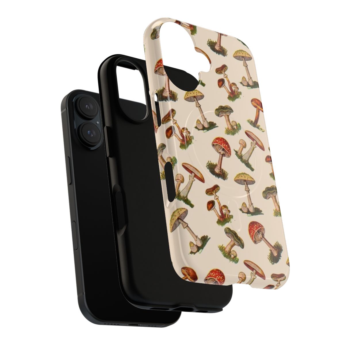 Colorful phone case featuring illustrated magical mushrooms against a backdrop of retro pixel art - Layers