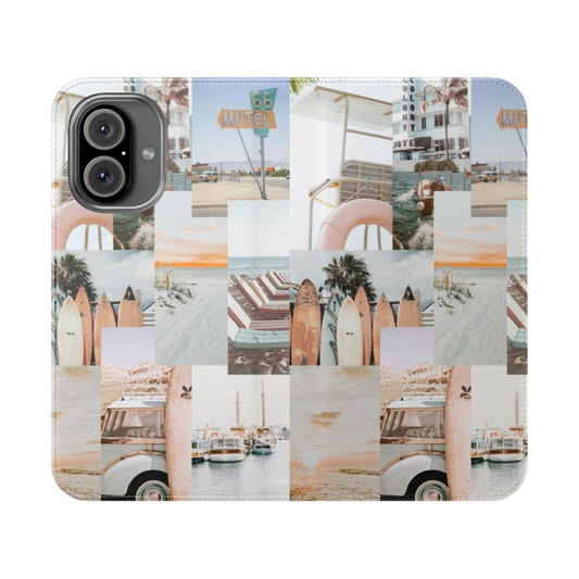 Closeup of a colorful beach-themed phone case with a collage design