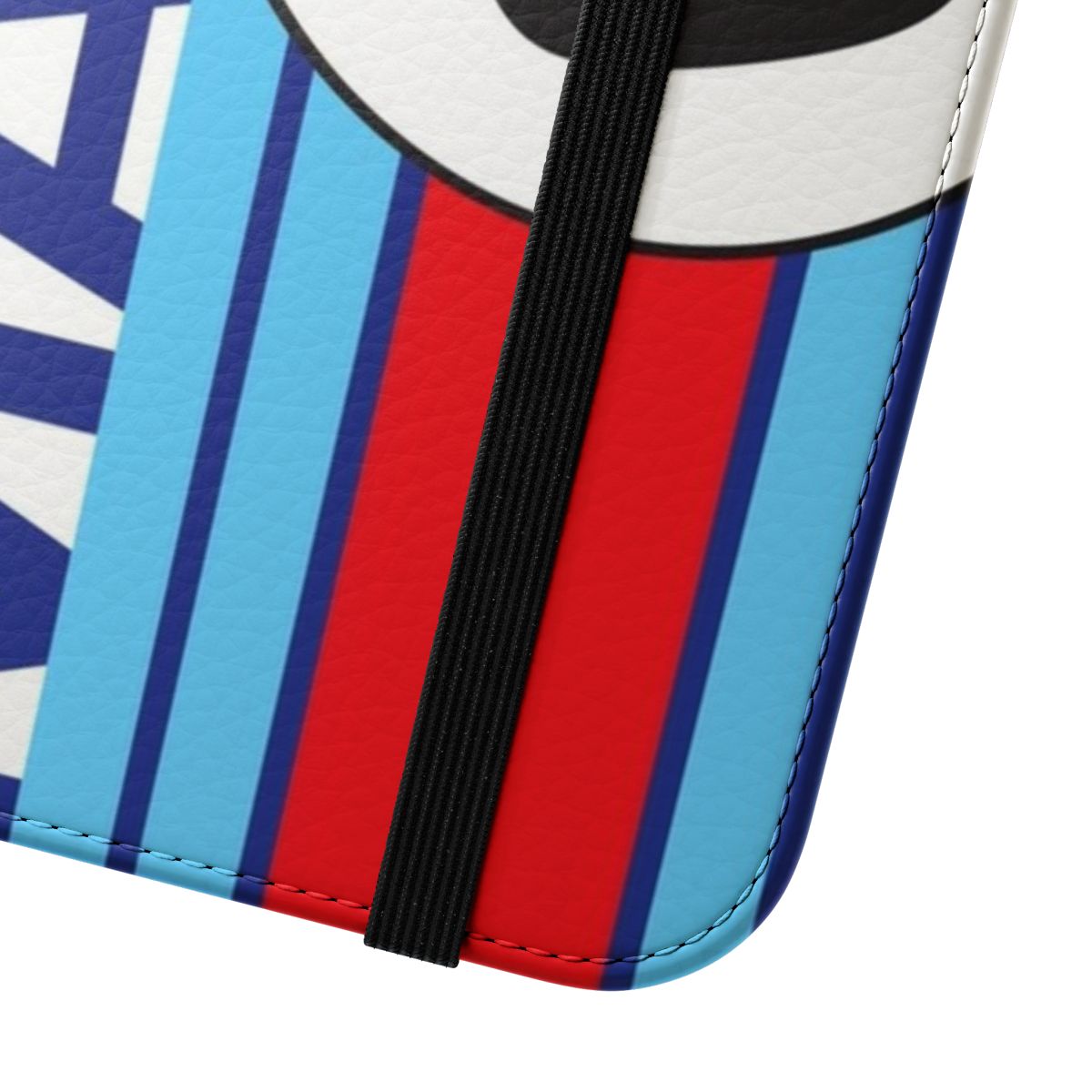 Stylish vintage racing-inspired flip phone case with Martini-style stripes - Close Up