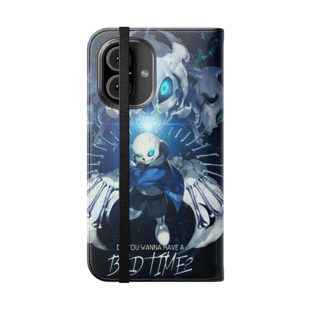 "Flip cover phone case featuring the iconic 'Bad Time Sans' character from the popular indie game Undertale" - Folded Front