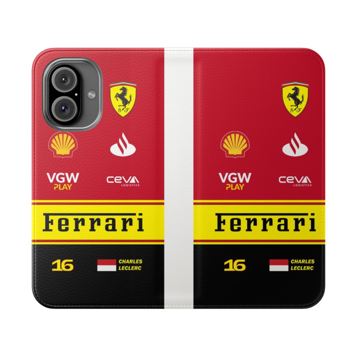 Formula 1 racing-themed phone case with Charles Leclerc and Carlos Sainz graphics