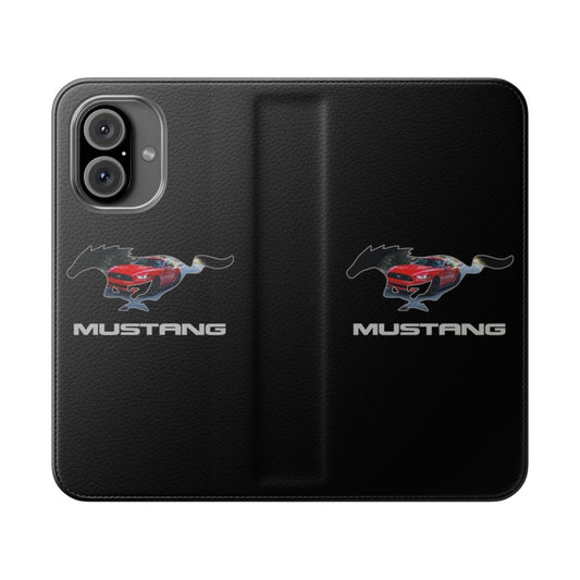 Flip cover phone case featuring a red Ford Mustang logo design against a black background.