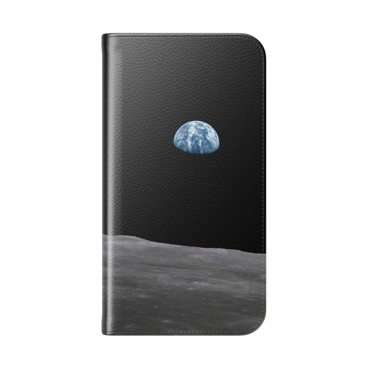 Flip cover phone case featuring an illustration of the Earth rising over the lunar surface, inspired by the historic Apollo 11 mission. - Folded Back