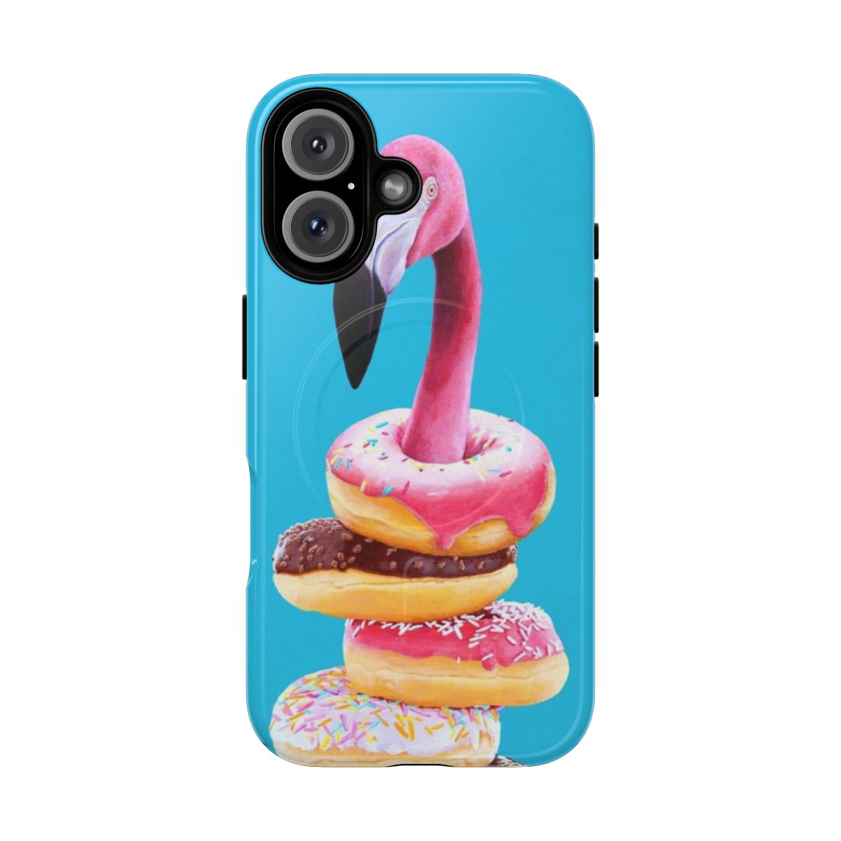 A flamingo-shaped doughnut phone case with a surreal, whimsical design