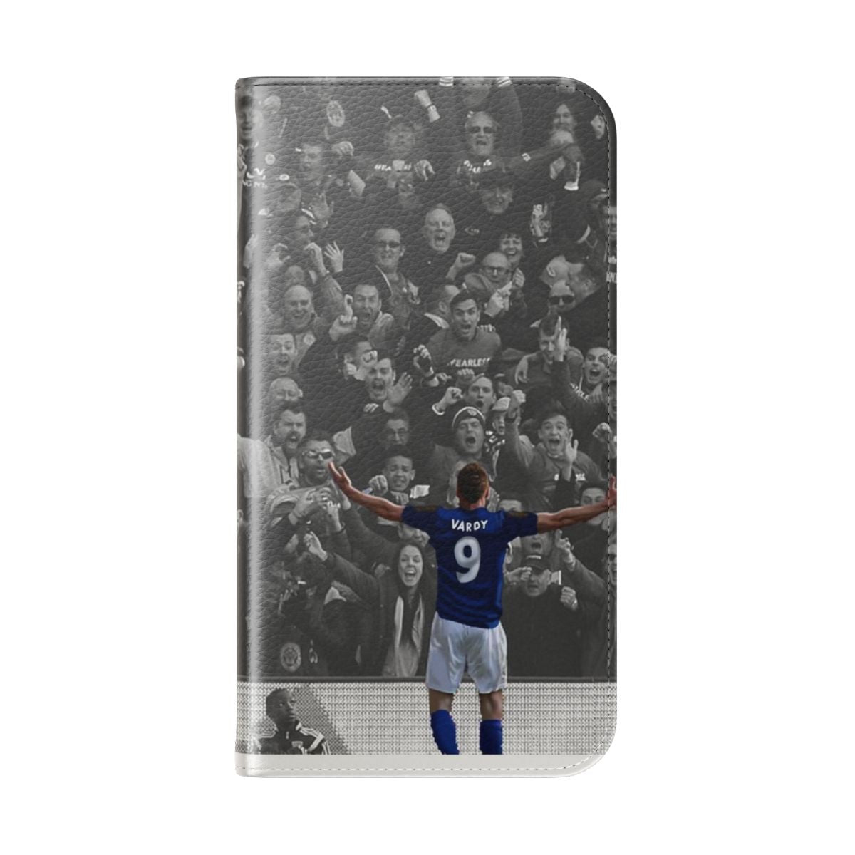 Premium flip cover phone case featuring the name and image of famous English footballer Jamie Vardy - Folded Back