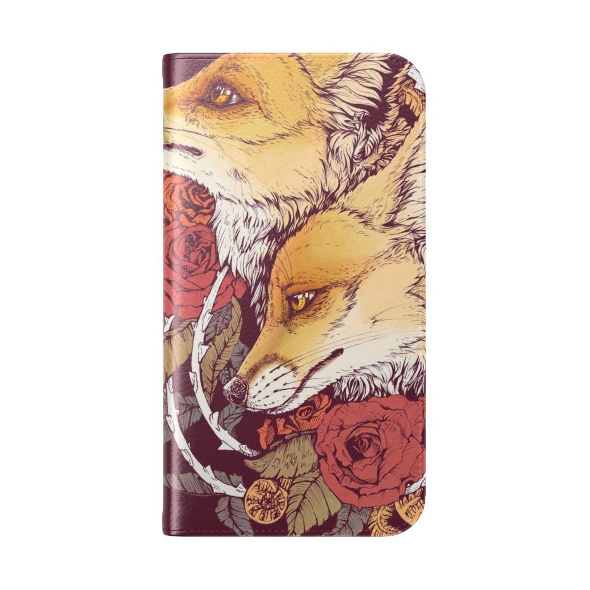 Closeup of a vibrant red fox design with flowers, ferns, and spiral patterns on a phone case - Folded Back