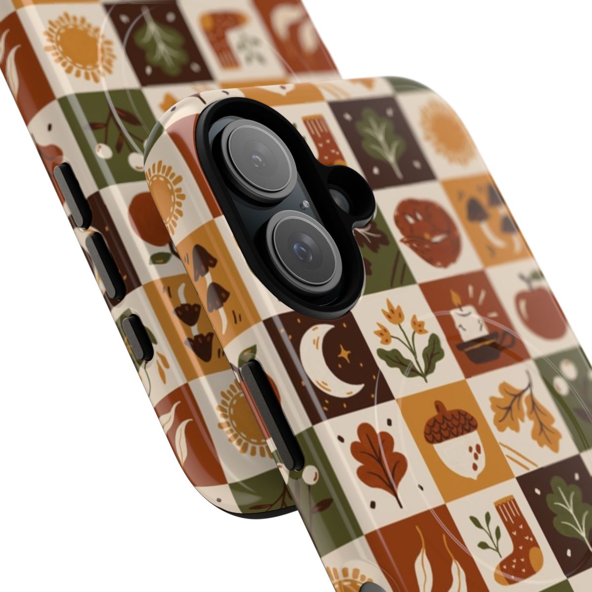 Autumnal phone case featuring a botanical design with mushrooms, a fox, and falling leaves. - Detail