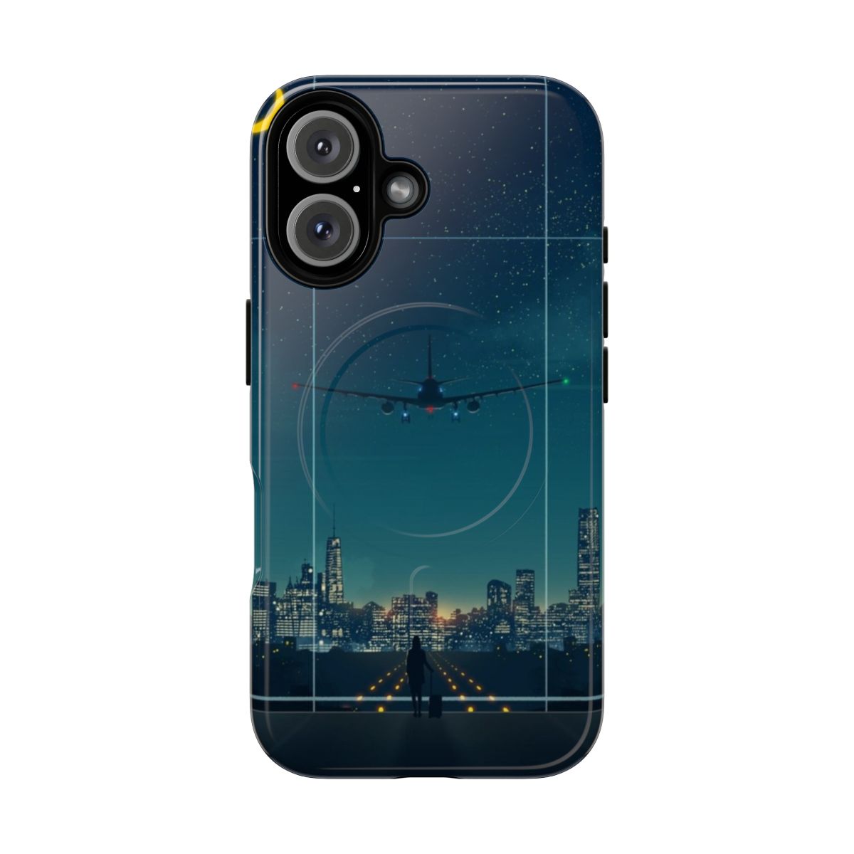 Magnetic phone case with a cityscape at night, featuring the moon, stars, and an airplane