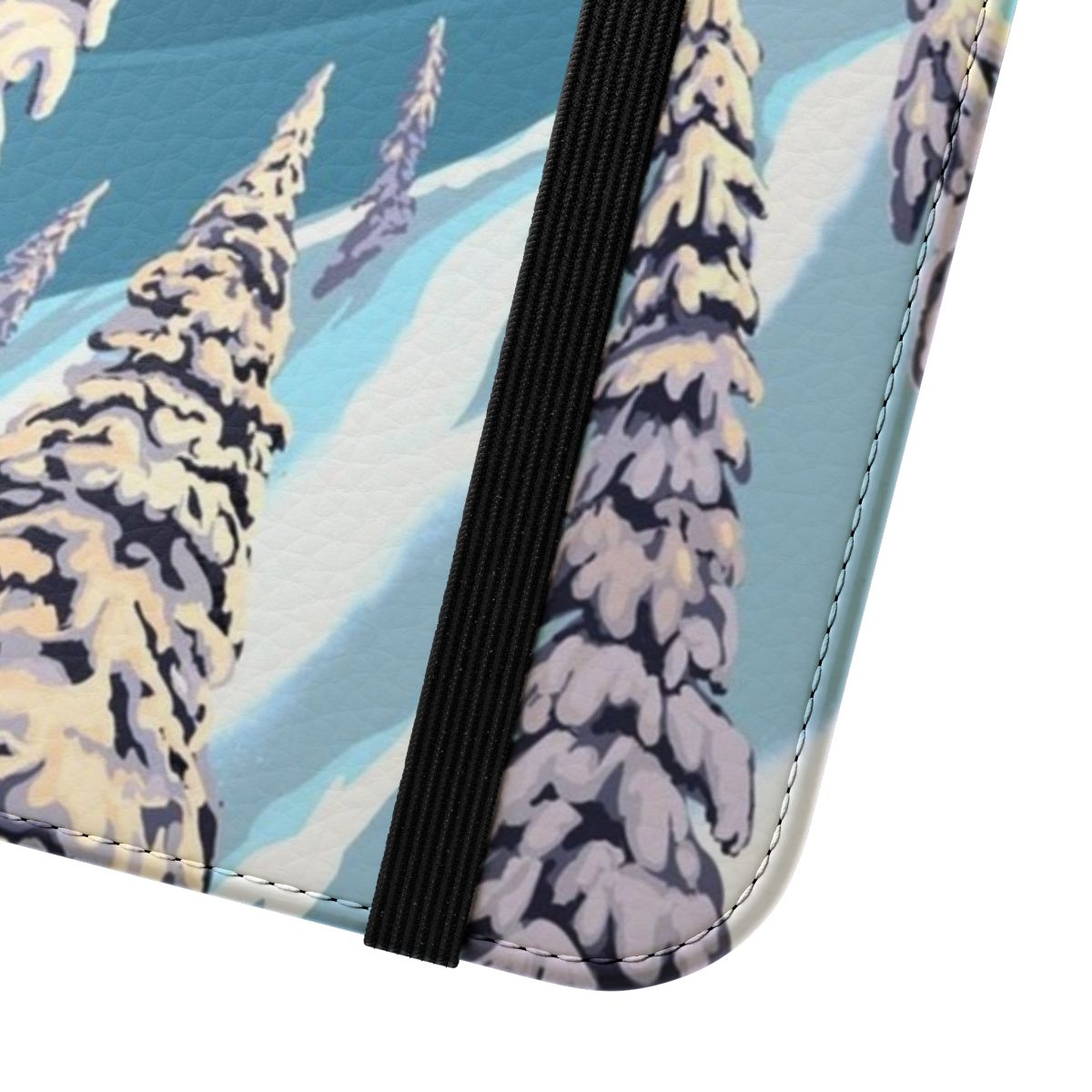 Retro ski jumper art on a flip cover phone case with a mountain landscape background - Close Up