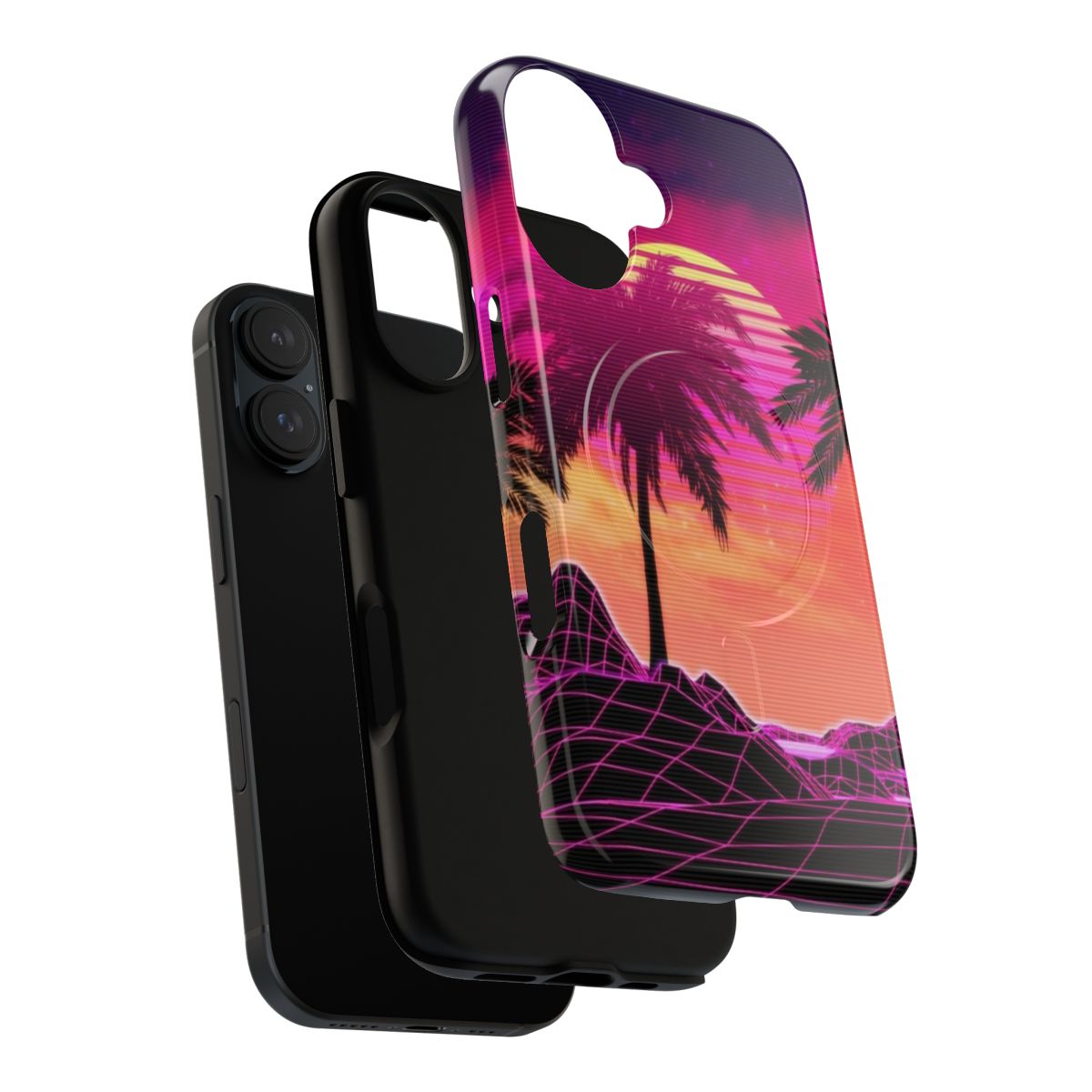 Pink vaporwave landscape with rocks and palm trees phone case - Layers