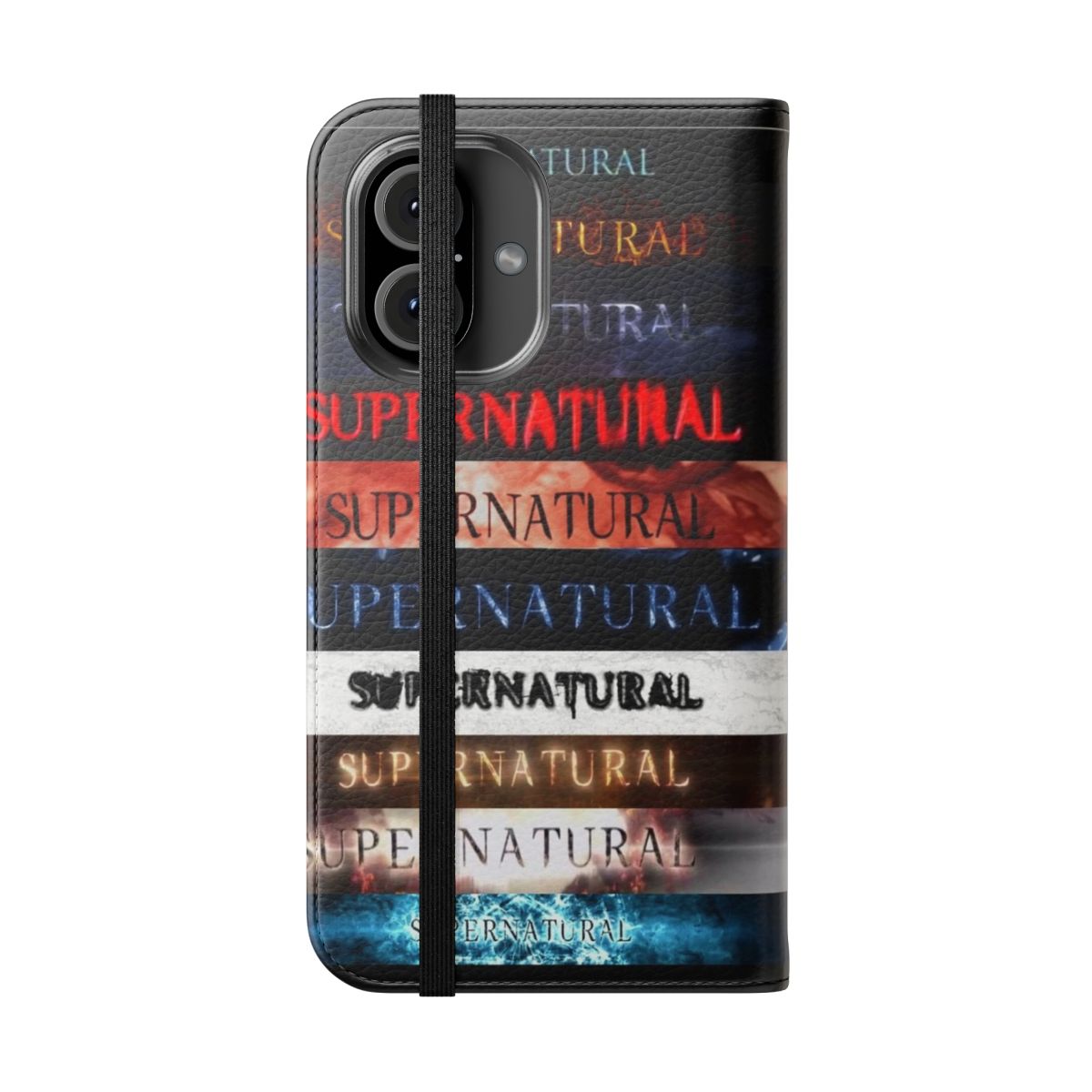 Flip cover phone case featuring the Supernatural TV show logo and character names - Folded Front