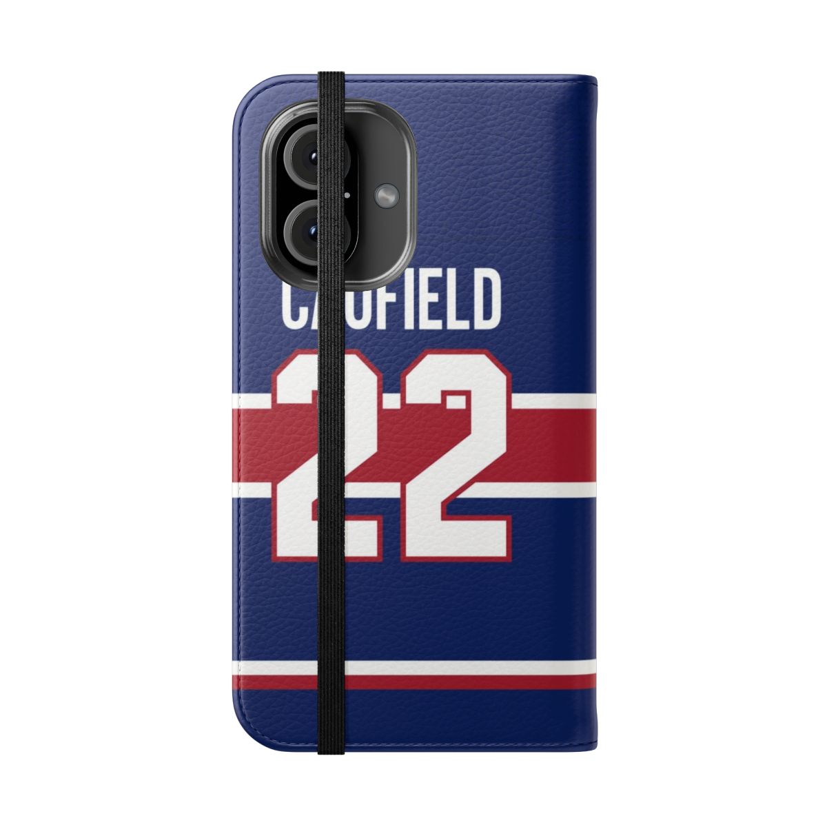 A phone case featuring a reverse Montreal Canadiens jersey design with the number 22 for player Cole Caufield. - Folded Front